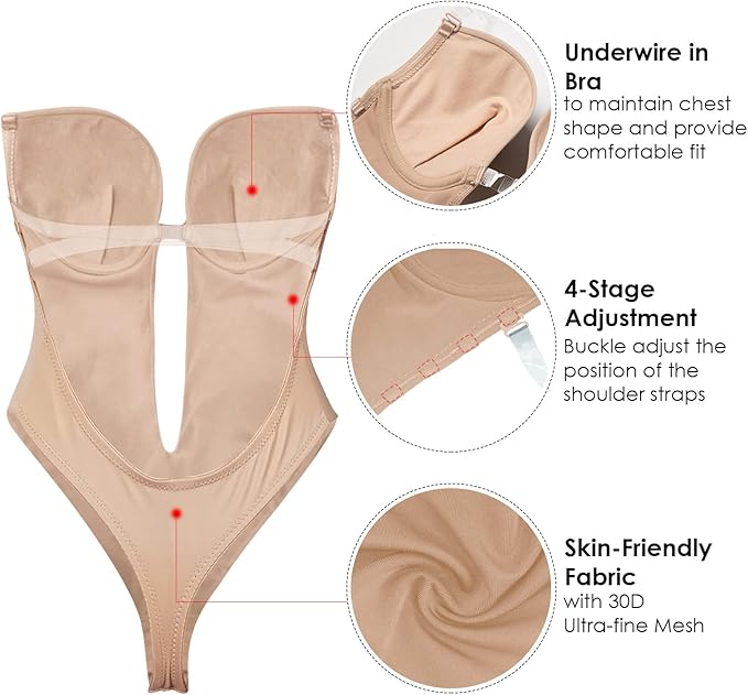 Women's Plunge Deep V-Neck Backless Bodysuit Shapewear