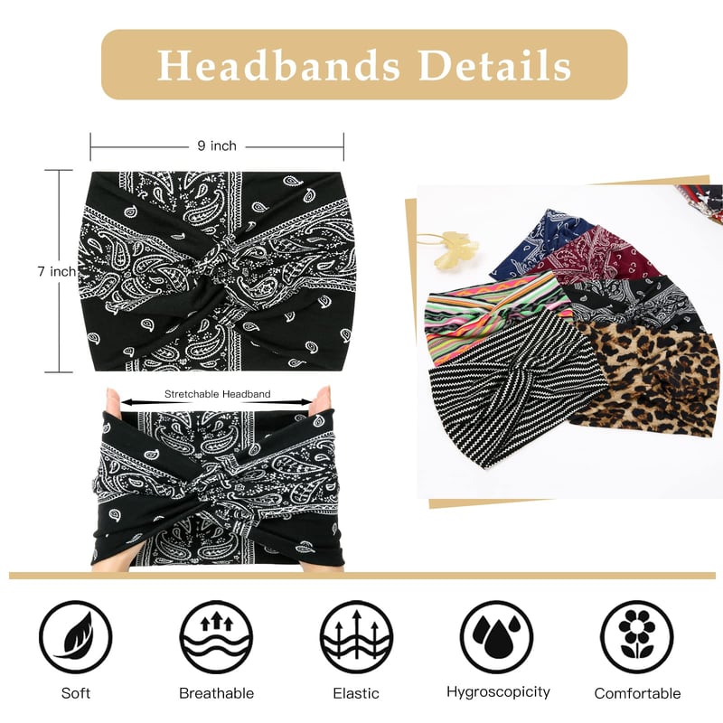 6-Pack Boho Wide Headbands for Women