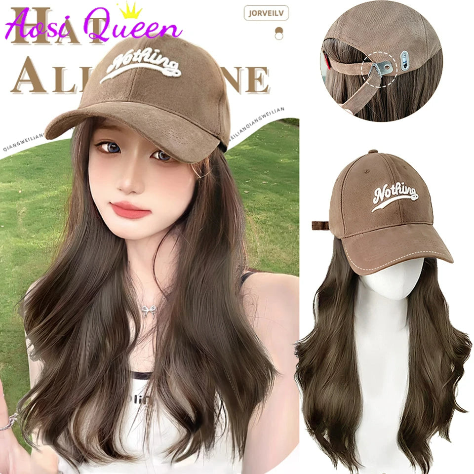 Fashionable Hat with Long Fluffy Natural Hat Wig