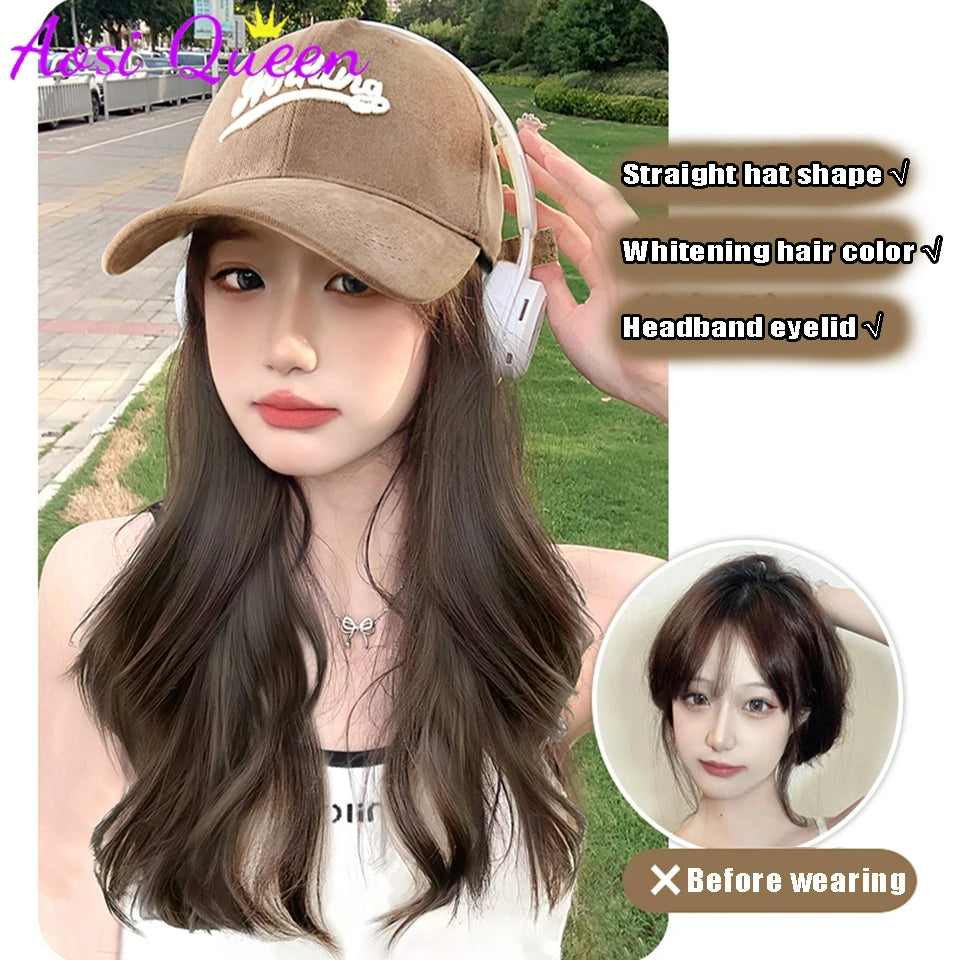 Fashionable Hat with Long Fluffy Natural Hat Wig