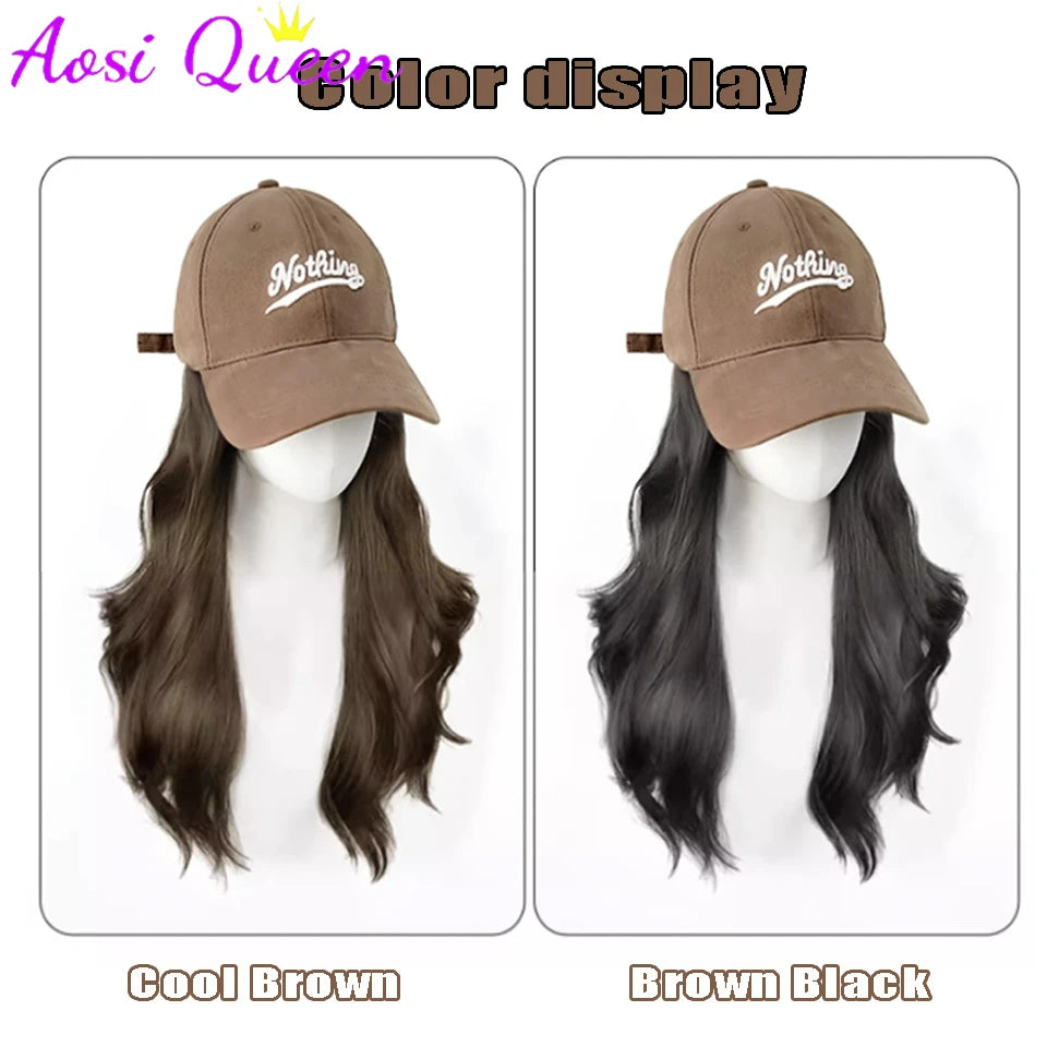 Fashionable Hat with Long Fluffy Natural Hat Wig