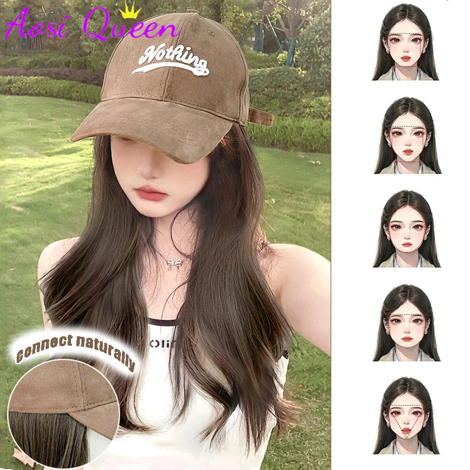 Fashionable Hat with Long Fluffy Natural Hat Wig