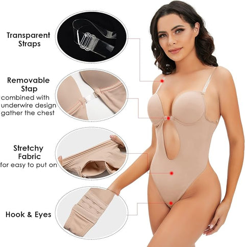 Women's Plunge Deep V-Neck Backless Bodysuit Shapewear