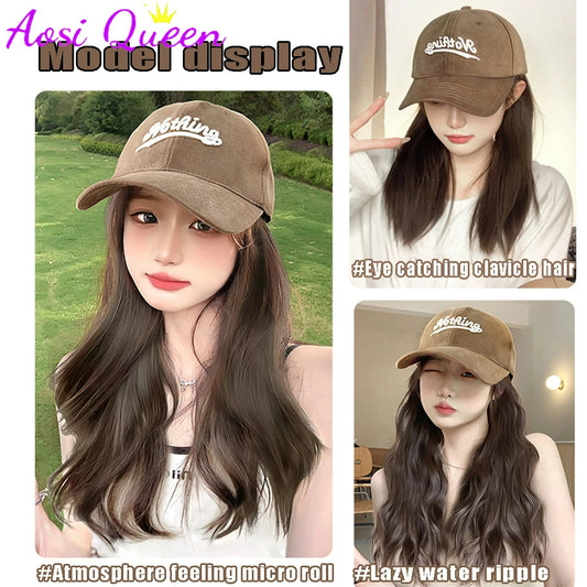 Fashionable Hat with Long Fluffy Natural Hat Wig